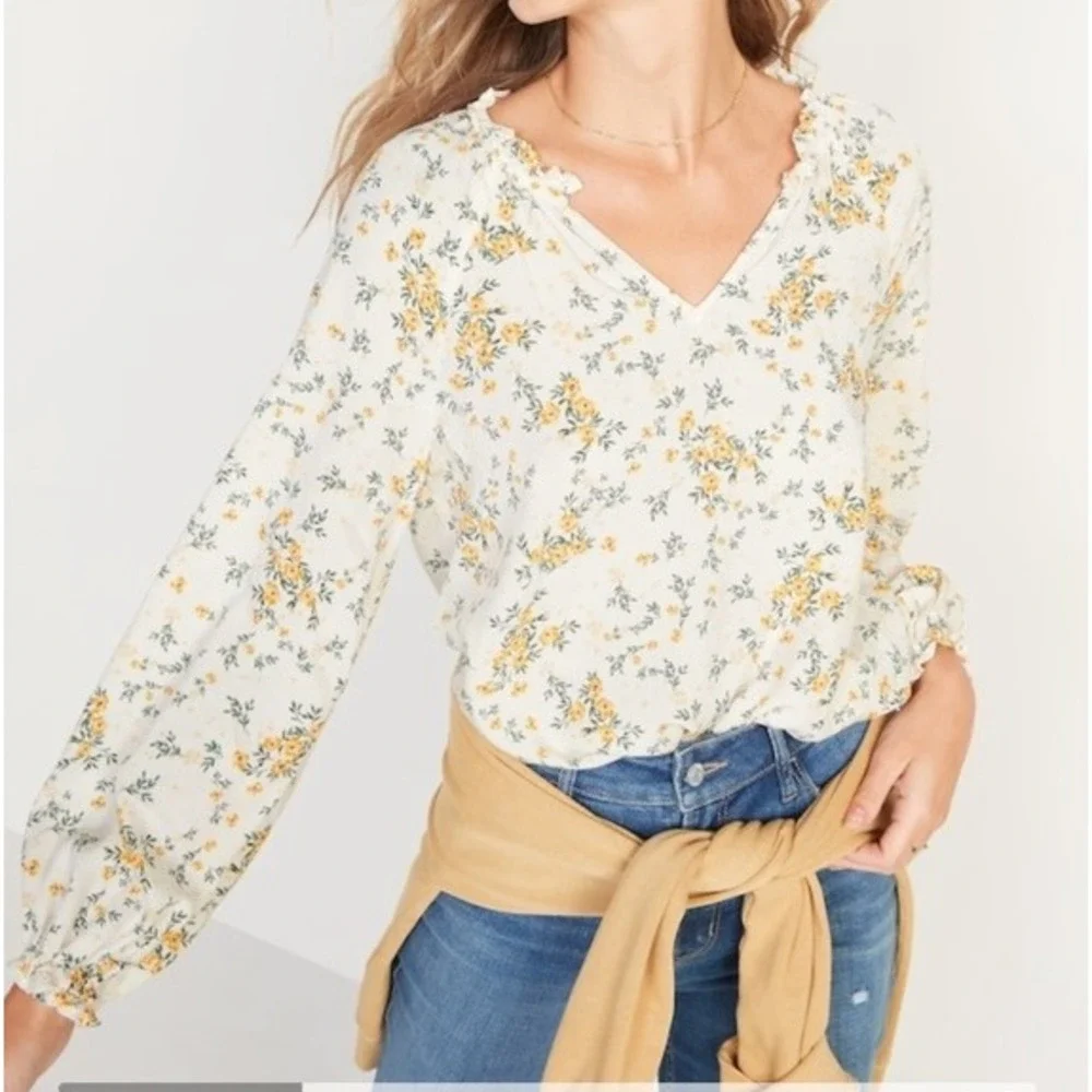 Old Navy Ditsy Floral V Neck‎ Ultra Soft Rayon Puff Sleeve Pullover Top Large
